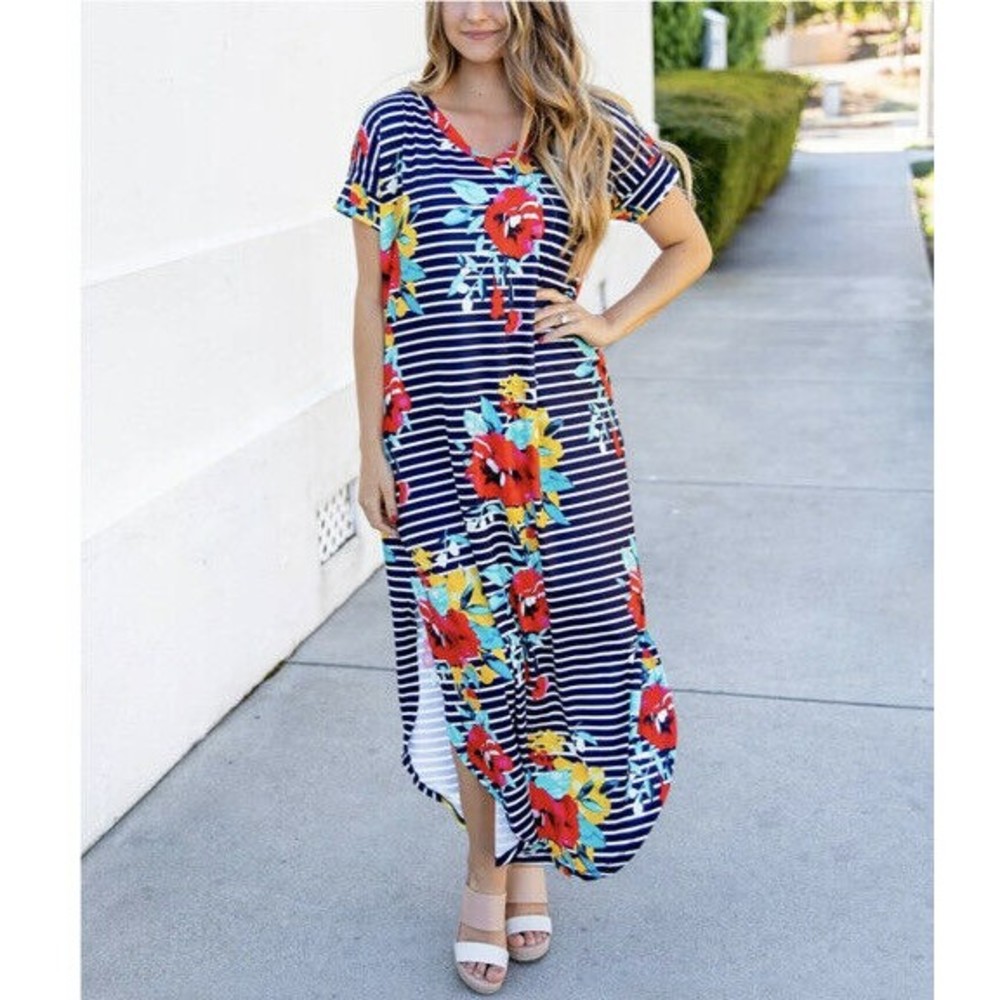 TICKLED TEAL Women S Navy Stripes Floral Side Slit Maxi Beach Dress Hawaiian New
